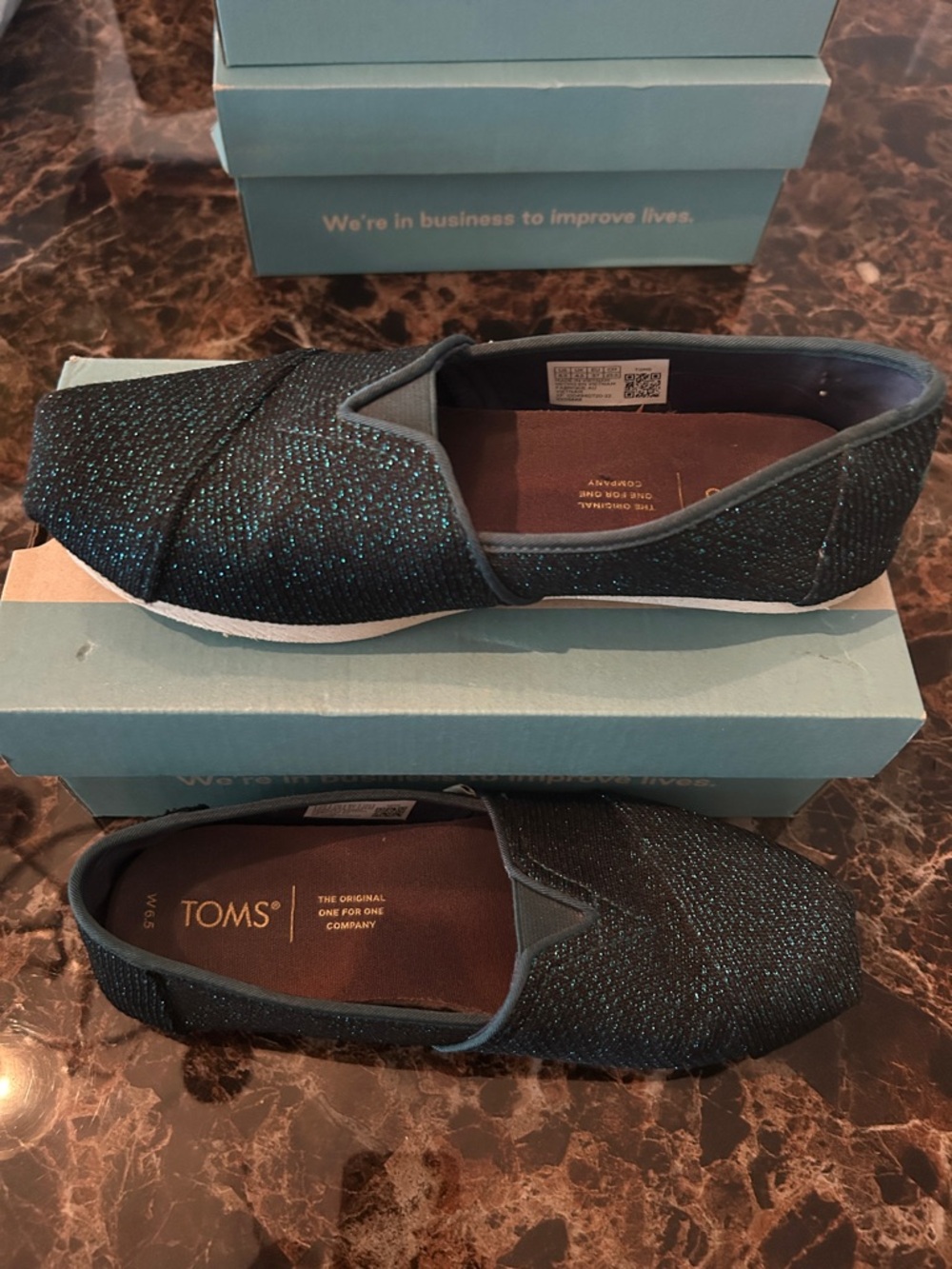 TOMS Women's Sparkle Slip-Ons in Dark Teal/Black